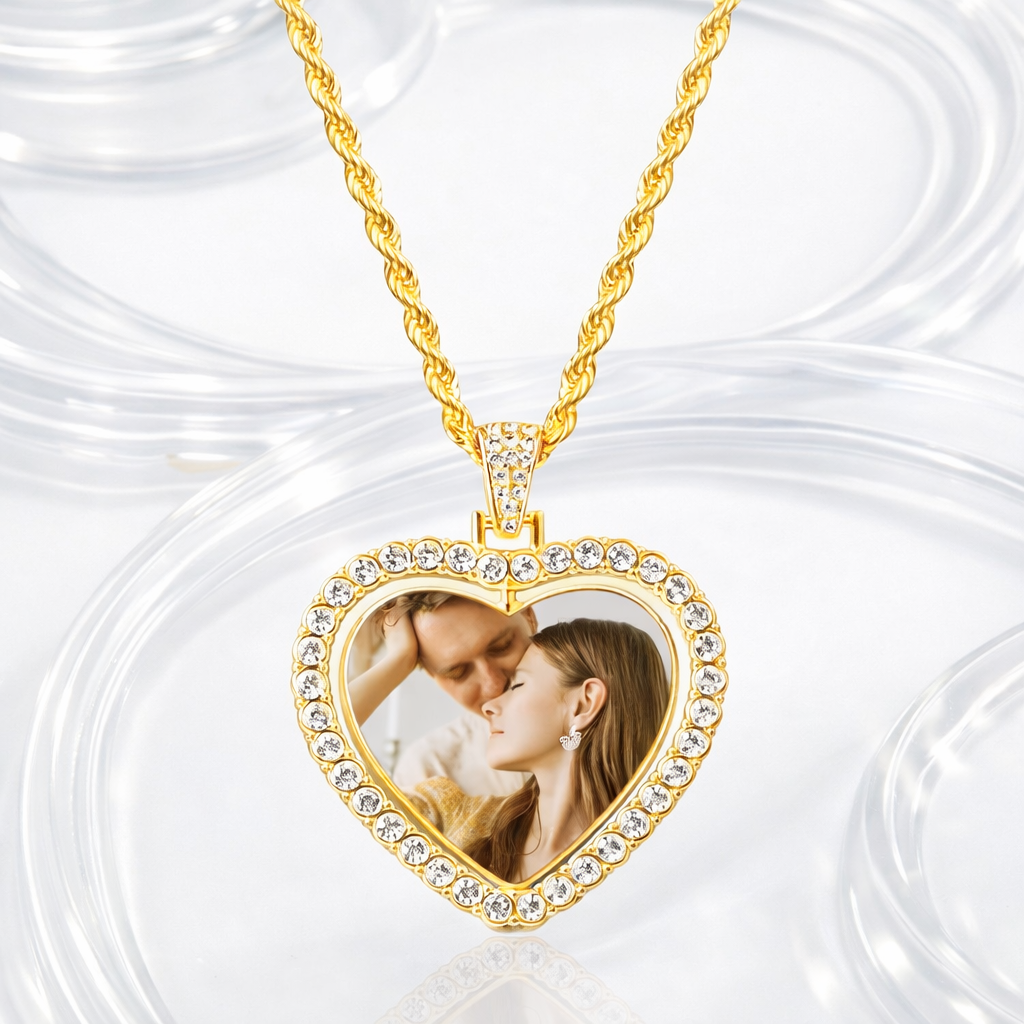 Collier photo personnalisé en forme de cœur rotatif à 360°