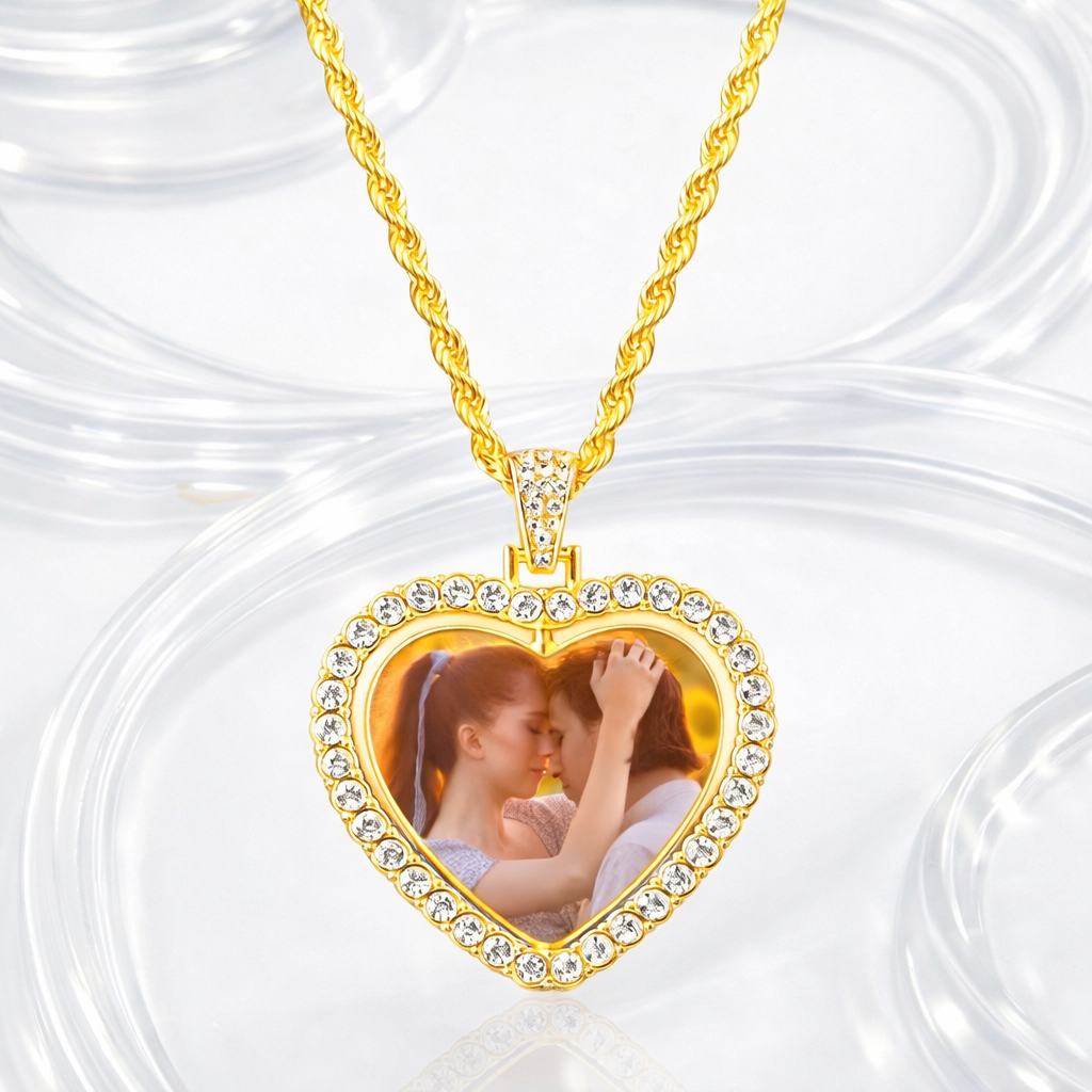 Collier photo personnalisé en forme de cœur rotatif à 360°